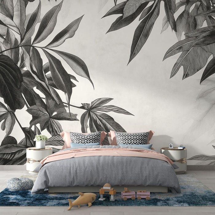 Tapete crno-bijelog lišća | Delikatni listovi na kremastoj teksturiranoj pozadini