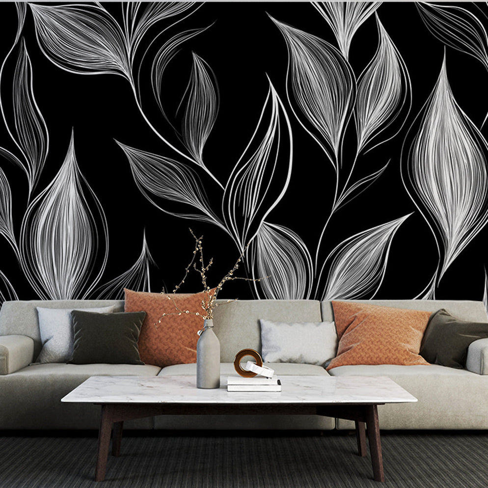 Black and white foliage mural wallpaper | Textured leaves — WonderMural