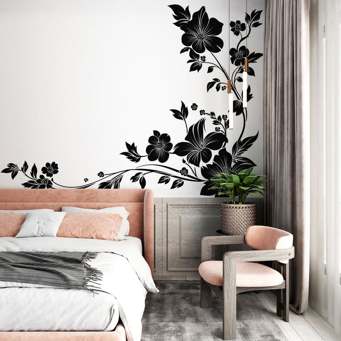 Papel de parede mural preto e branco | Folhas e flores até o final