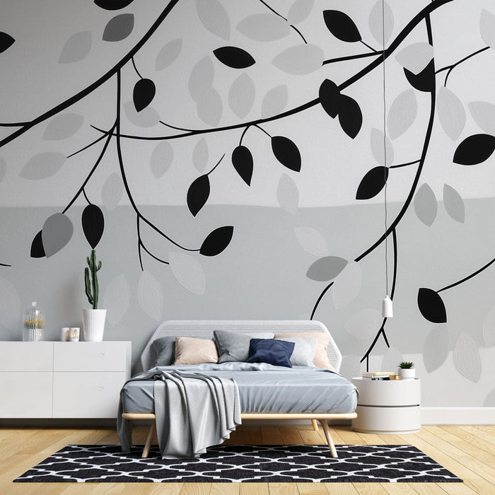 Mural Wallpaper black and white foliage | Gray and black leaves