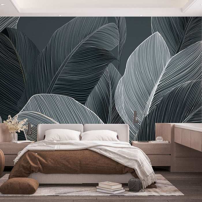 Mural Wallpaper black and white foliage | Stylized leaves on deep gray background