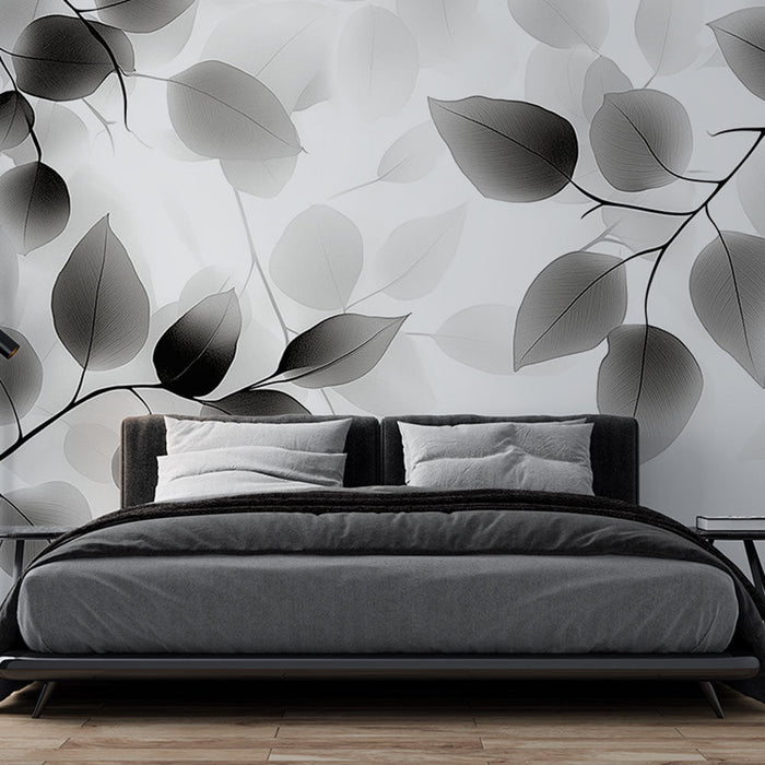 Papel pintado de follaje en blanco y negro | Hojas en árbol monocromático