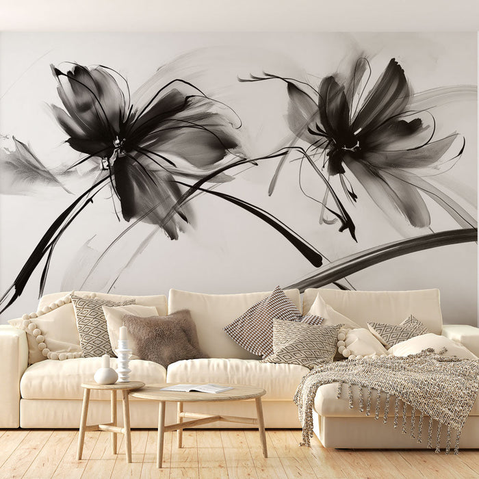 Mural Wallpaper black and white foliage | Flowers drawn in ink