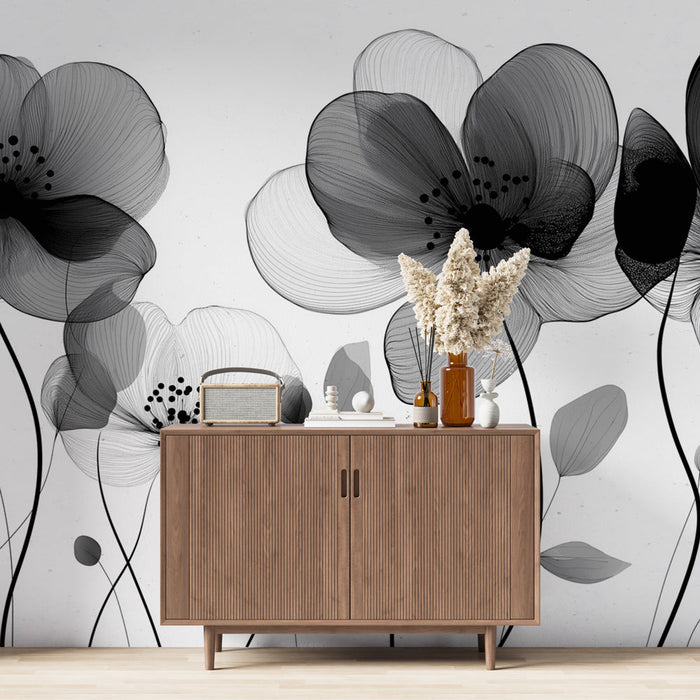 Black and white foliage mural wallpaper | Transparent flowers