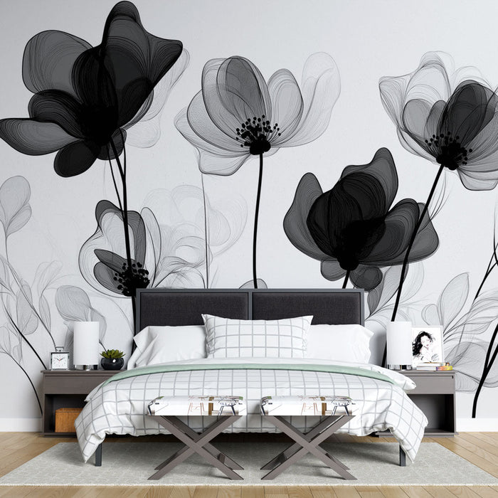 Papel de parede mural preto e branco | Flores e contraste