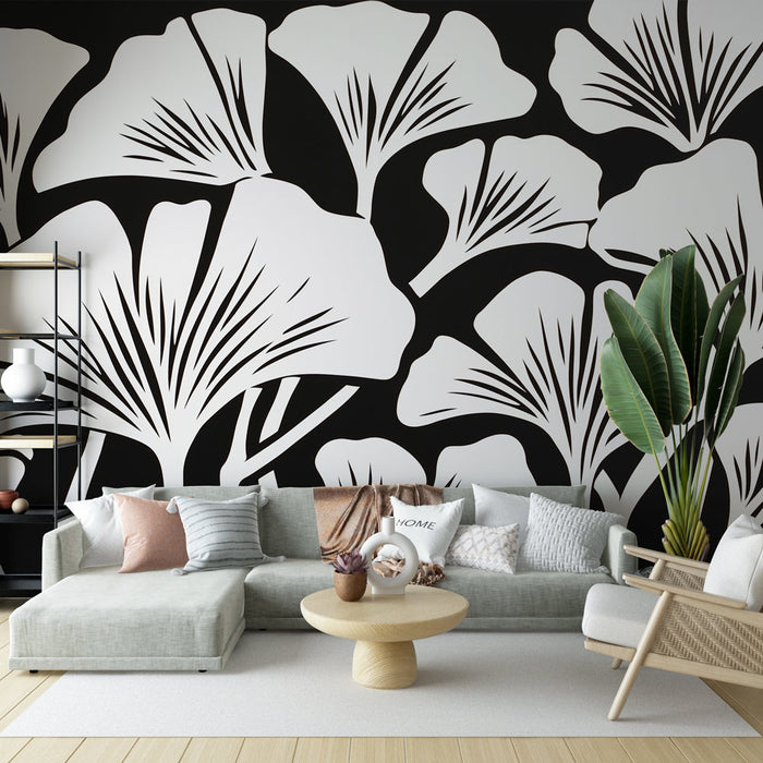 Mural Wallpaper svart-hvitt løvverk | Hvit Ginkgo på svart bakgrunn