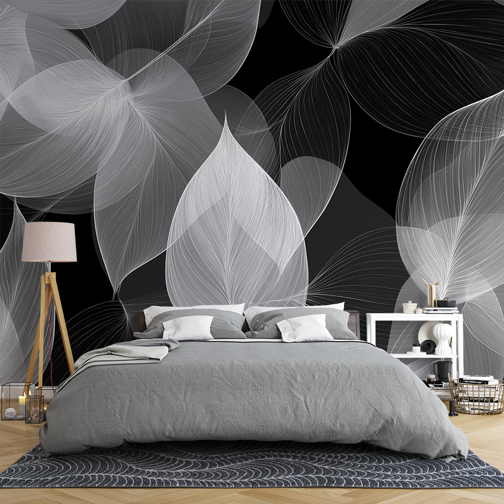 Foto Behang zwart-wit gebladerte | Grote transparante bladeren — WonderMural, image size:1000x1000