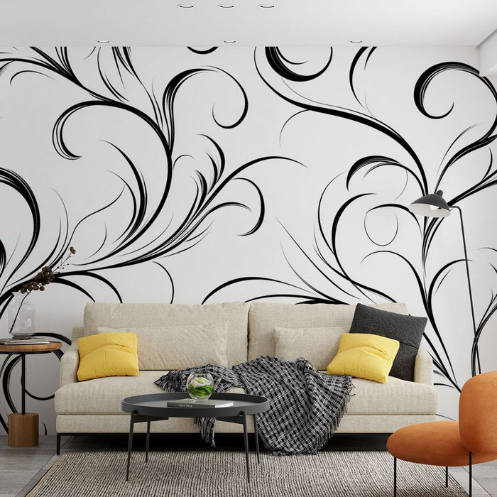 Black and white foliage mural wallpaper | Wavy patterned grasses