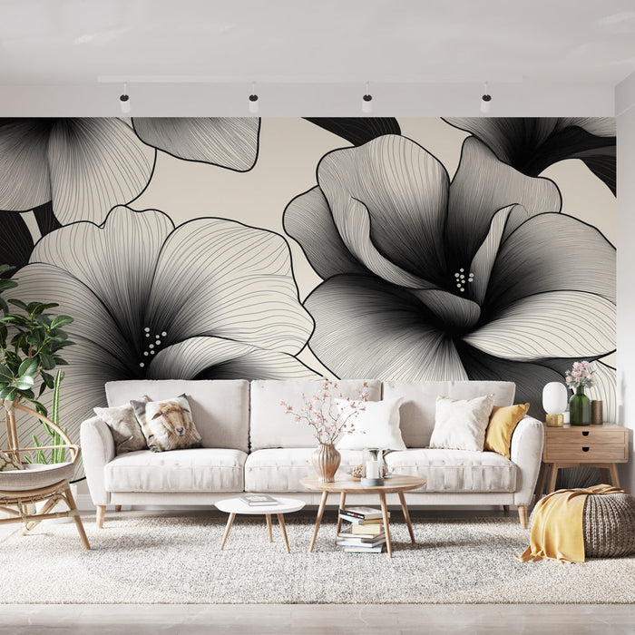 Black and white foliage mural wallpaper | Beautiful contrasting flowers