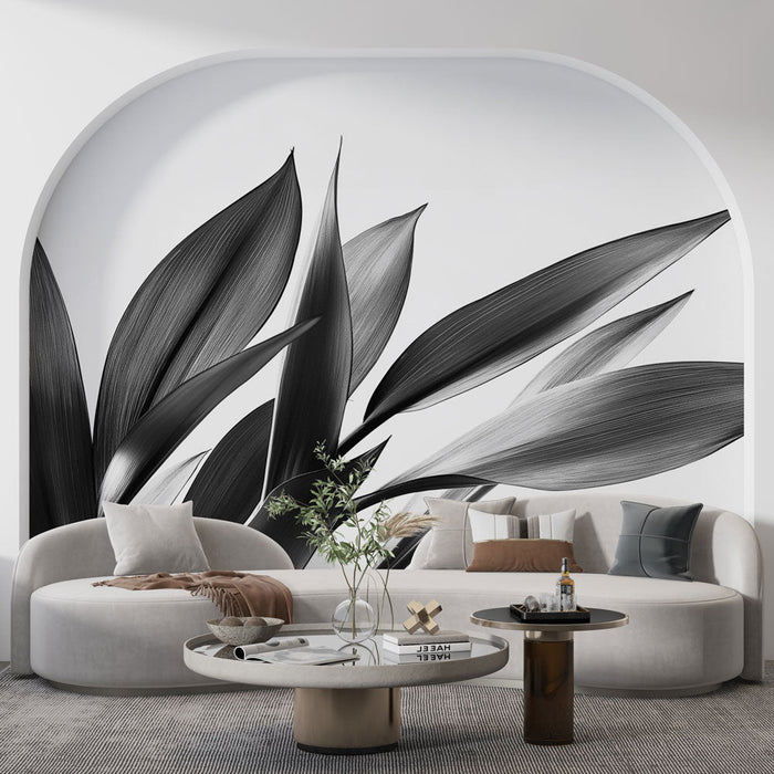 Mural Wallpaper must-valge lehestik | Mangave monokroomselt