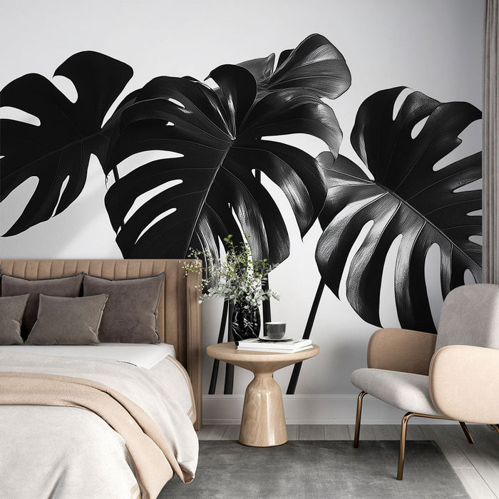 Mural Wallpaper black and white foliage | Monsteras with lighting