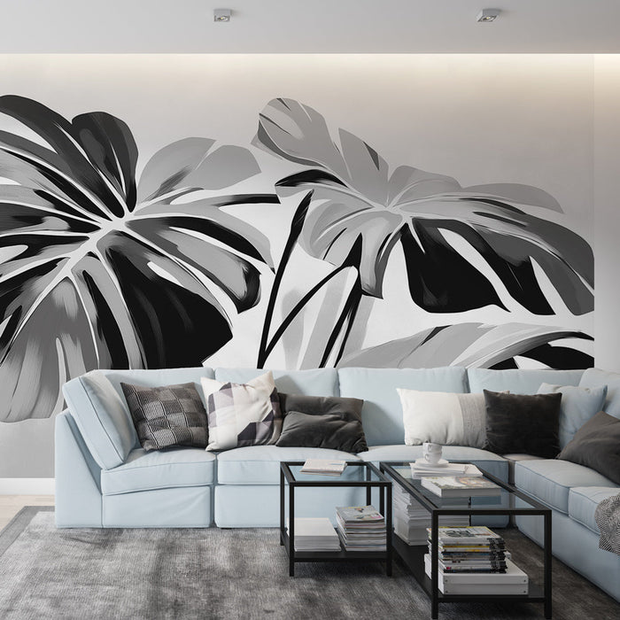 Papel de parede de folhagem preta e branca | Estilo de pintura de Monstera gigante