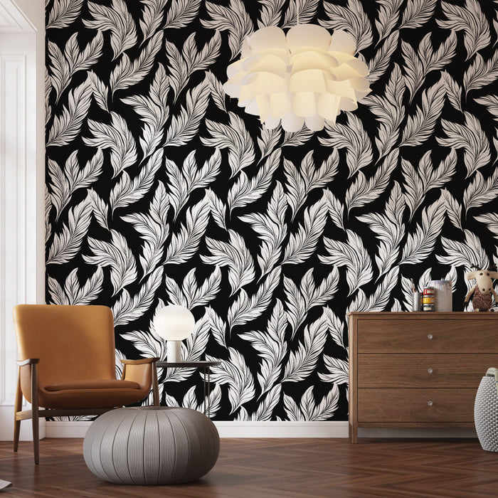 Tapete με μαύρα και λευκά φύλλα | Σχέδιο φύλλων σε σκούρο φόντο