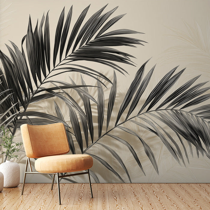 Fototapet sort-hvid løv | Delikate bladmønstre på en beige baggrund