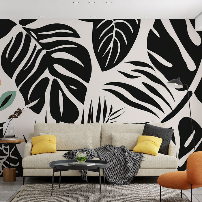 Mural Wallpaper black and white foliage | Graphic leaf patterns on a light background