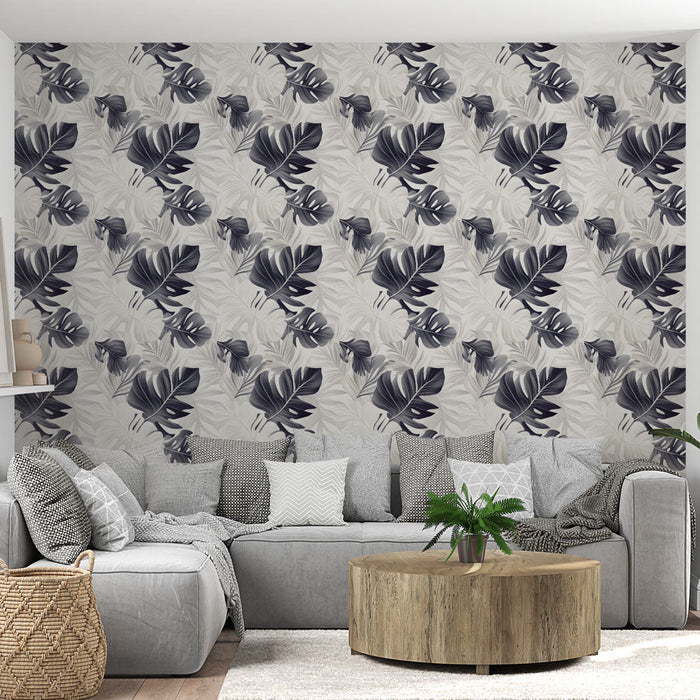 Tapete feuillage noir et blanc | Motifs de feuilles tropicales en nuances de noir et gris