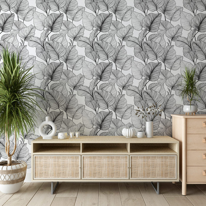 Carta da parati nera e bianca fogliame | Motivi delicati a foglia su sfondo chiaro