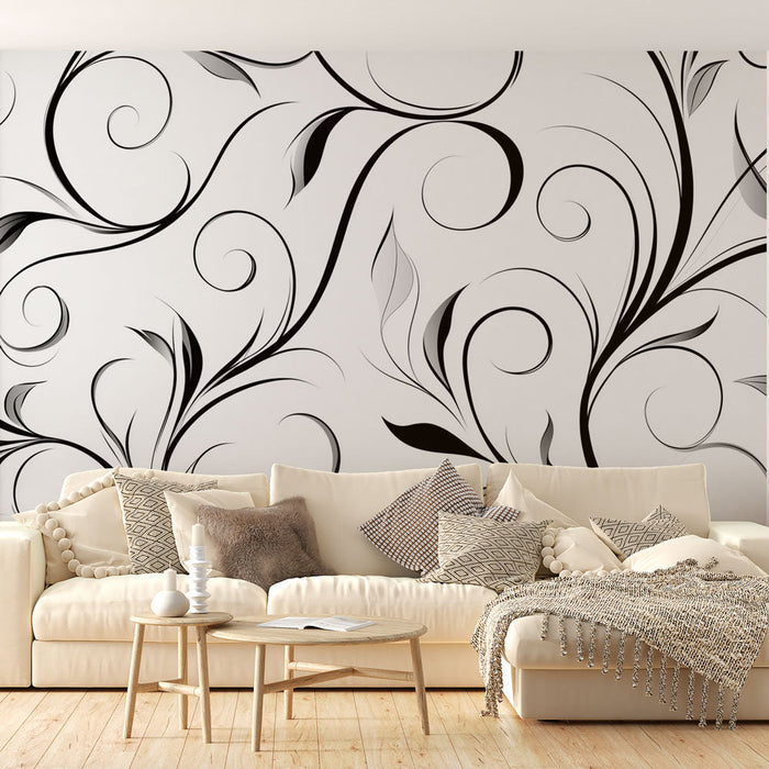 Black and white foliage mural wallpaper | Spiral floral patterns