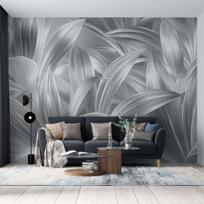 Black and white foliage Mural Wallpaper | Silver panoramic