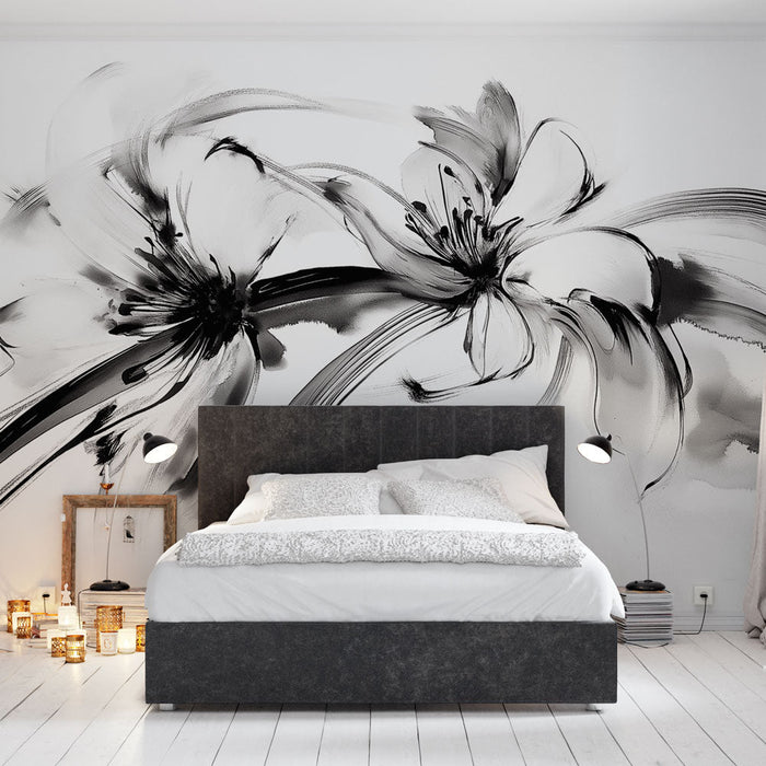 Mural Wallpaper svart-hvitt løvverk | Samtids blekkmaling