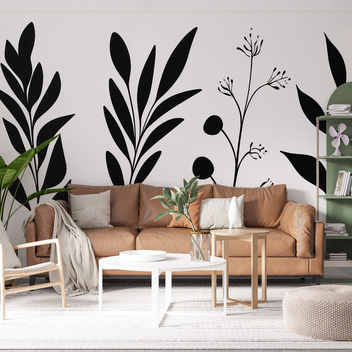 Papel pintado de follaje en blanco y negro | Pequeñas plantas silvestres