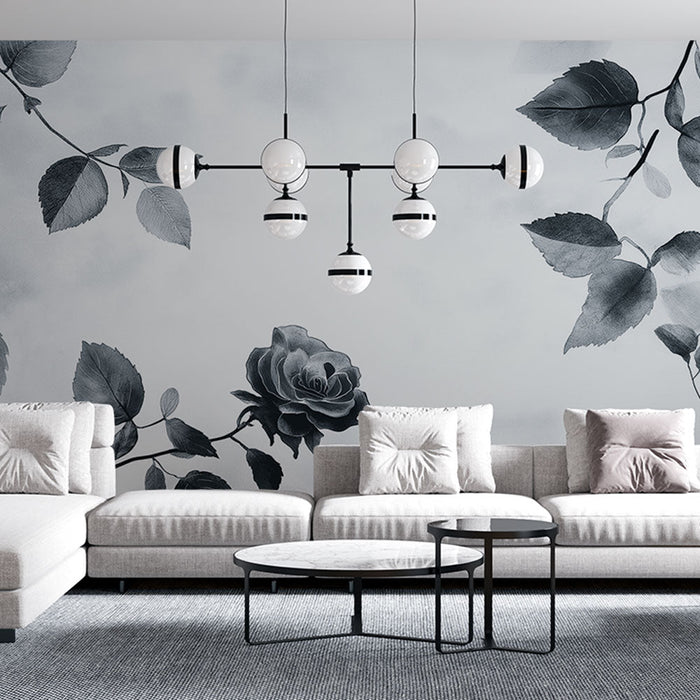 Black and white foliage mural wallpaper | Rose and rosebushes