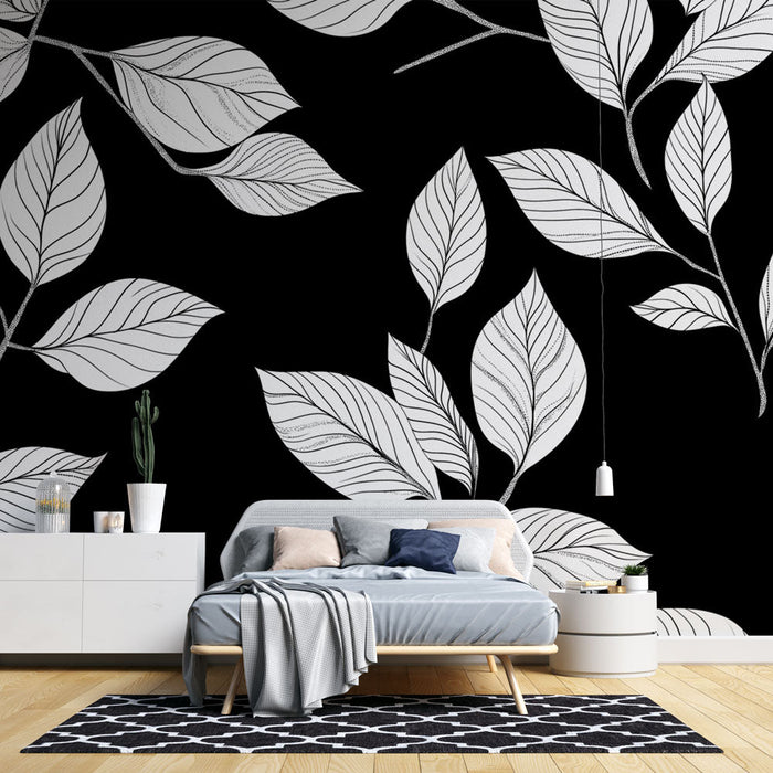 Mural Wallpaper black and white foliage | Fall of white leaves