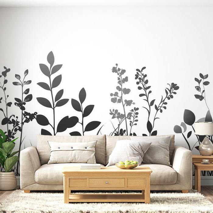 Tapeta Black and White Foliage | Divoká vegetace na bílém pozadí