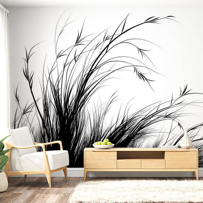 Mural Wallpaper must-valge lehestik | Tuul ja metsik rohi