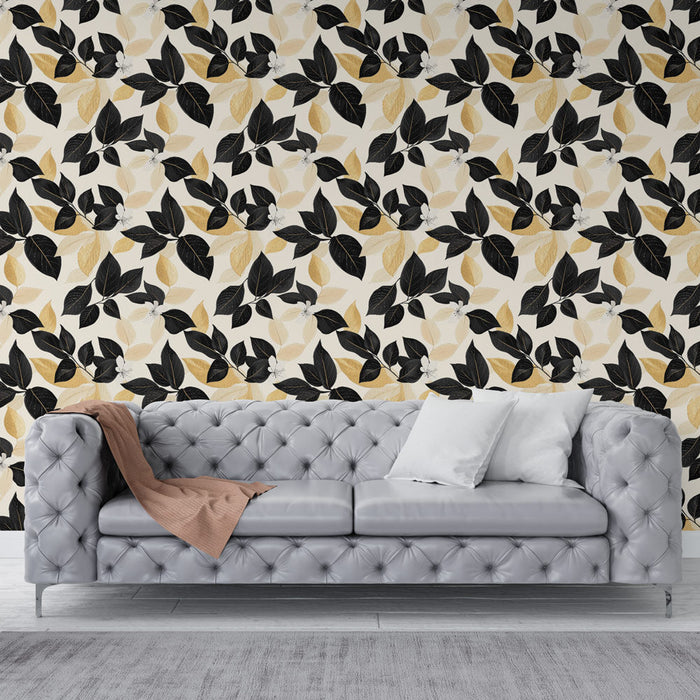 Tapete feuillage noir et or | Motifs de feuilles élégants avec fleurs délicates