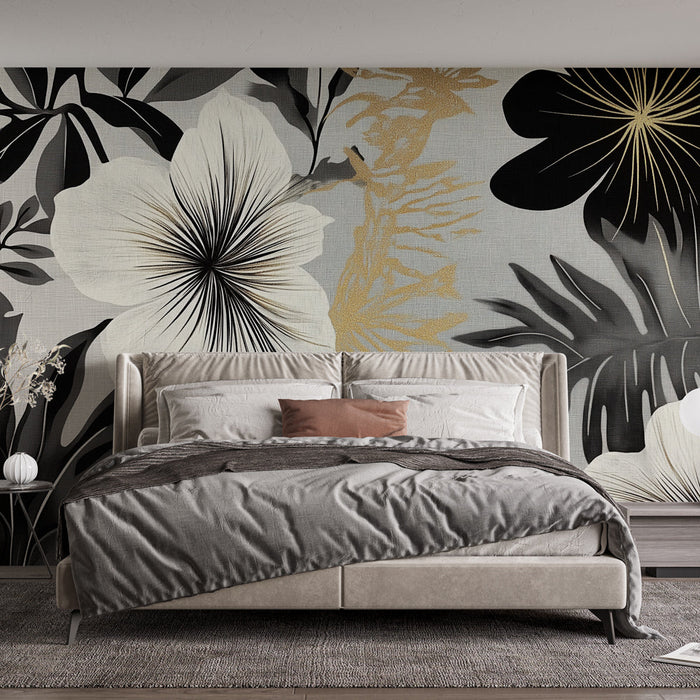 Mural Wallpaper black and gold foliage | Eclectic tropical vegetation