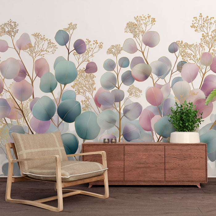 Papel pintado de follaje pastel | Hojas delicadas en tonos suaves y dorados