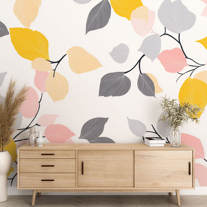 Ταπετσαρία τοιχογραφίας παστέλ φύλλωμα | Απαλά φύλλα σε ροζ, κίτρινο και γκρι