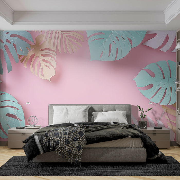 Carta da parati fogliame pastello | Grandi foglie colorate su sfondo rosa