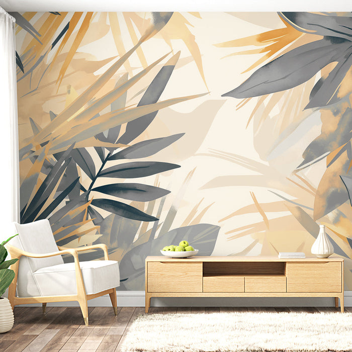 Tapetti lehtikuvio pastelli | Harmaa ja keltainen