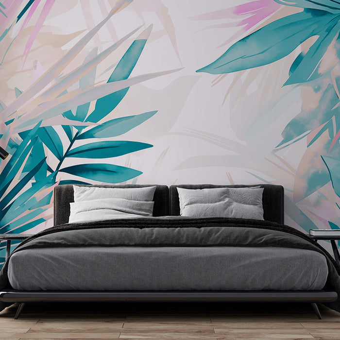 Pastel foliage mural wallpaper | Pink and blue
