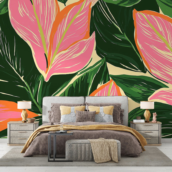 Papel de parede mural folhagem rosa | Folhas coloridas em fundo creme