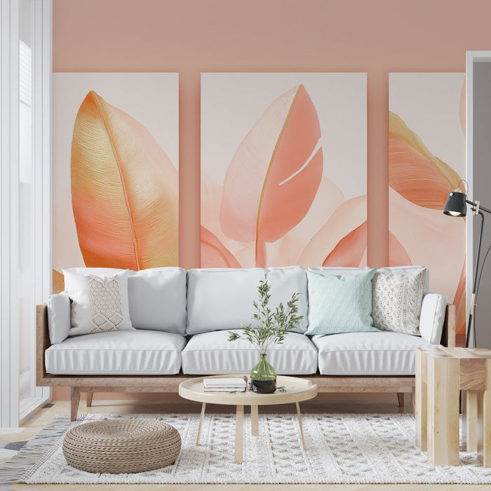 Papel de parede folhagem rosa | Folhas delicadas em tons de pêssego e dourado