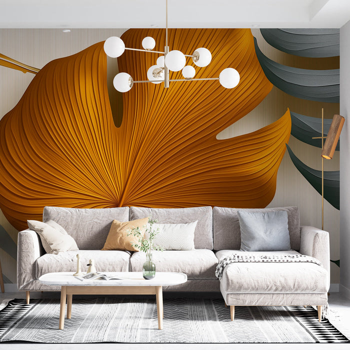 Tapeta stylizowane listowie | Duży pomarańczowy liść z szarymi liśćmi i teksturowanym tłem