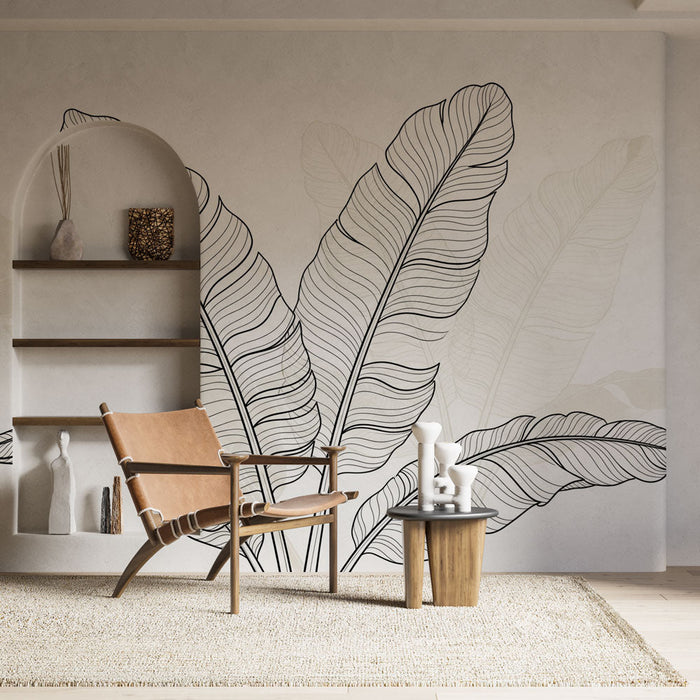 Carta da parati con foglie stilizzate | Motivo sofisticato di foglie dai contorni sottili