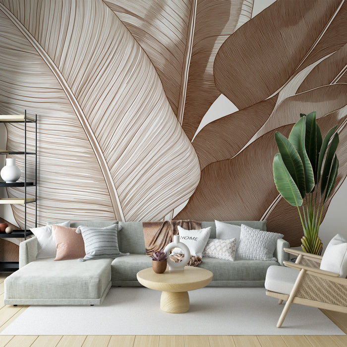 Papel pintado follaje estilizado | Patrones detallados de hojas en tonos marrones