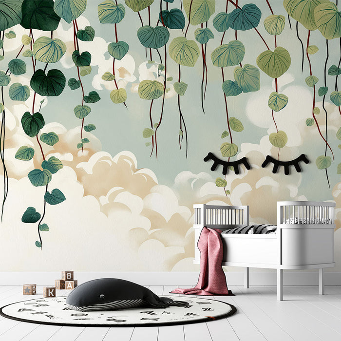 Tapete aufgehängtes Laub | Üppiger Wein zwischen Himmel und Wolken