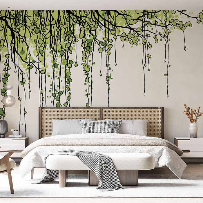 Mural Wallpaper falling foliage | Delicate green vines on a light background