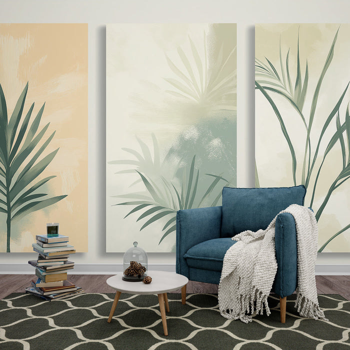 Carta da parati fogliame tropicale | Disegni di palme su uno sfondo delicato