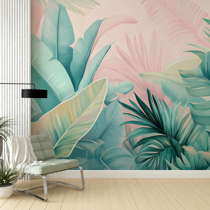Papel de parede mural folhagem tropical | Folhas aquáticas com tons pastel
