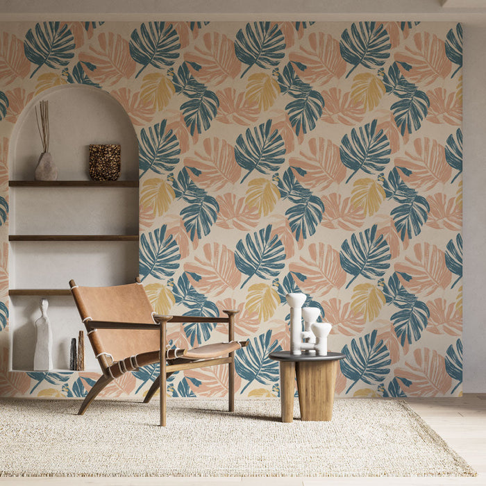 Tapeta z tropikalną roślinnością | Liście w pastelowych odcieniach na jasnym tle