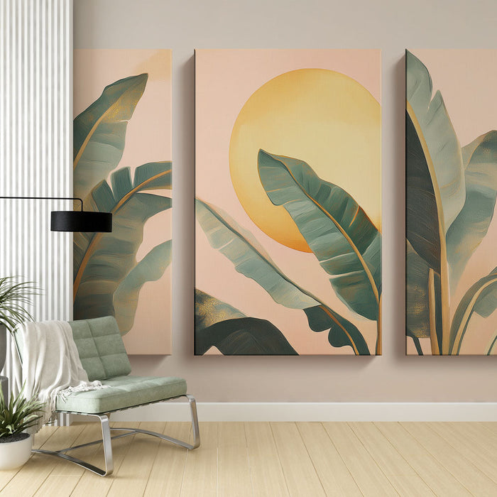 Papel de parede tropical com folhagem | Folhas de bananeira e sol dourado em um fundo pastel