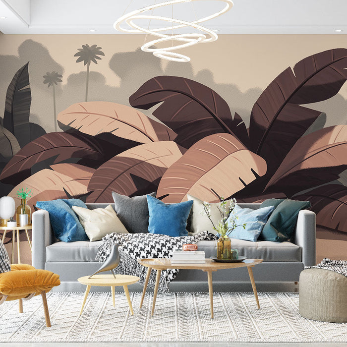 Tapet frunziș tropical | Frunze de bananier stilizate în tonuri calde