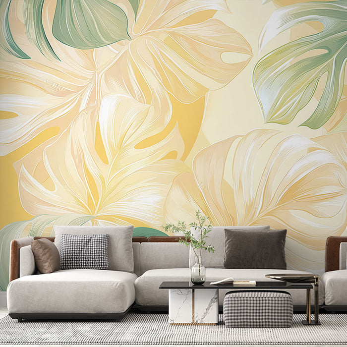 Mural Wallpaper tropical foliage | Monstera leaves on a soft yellow background