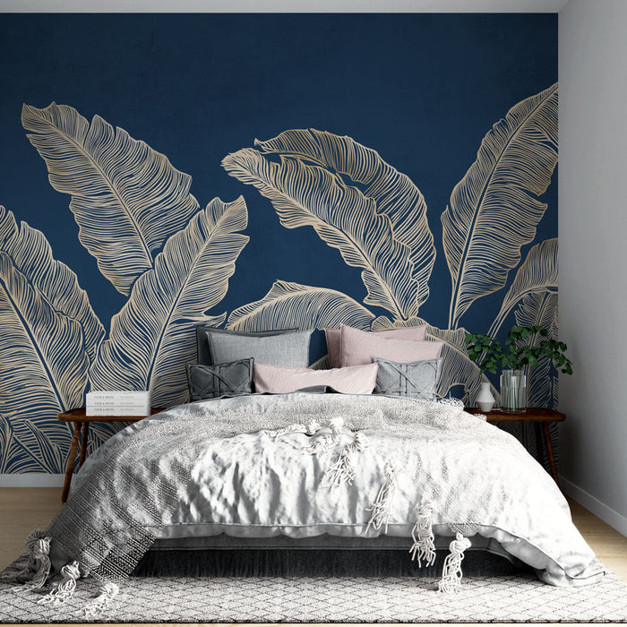 Mural Wallpaper tropical foliage | Golden leaves on a dark blue background